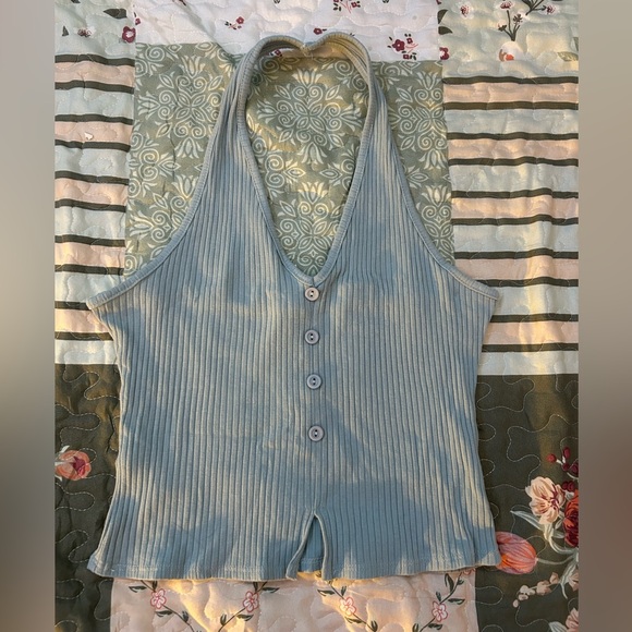 Blue Ribbed Halter Top with Buttons - Picture 1 of 3